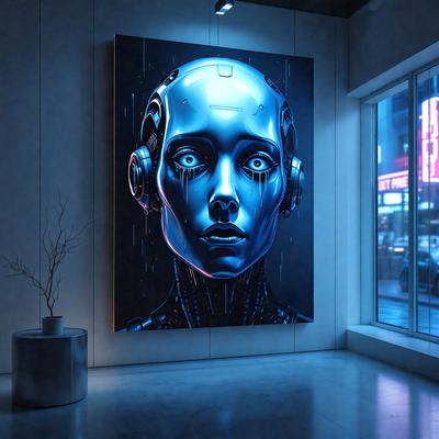 The primary subject of the image is a large, blue, digital art piece featuring a robotic face with a blue background. The setting is a room with a window, and the visual style is a futuristic, digital artwork. The dominant colors are blue and black, creating a moody and futuristic atmosphere.